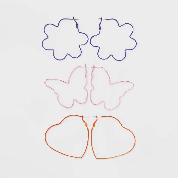 Heart Flower Butterfly Hoop Earring Set 3pc - Wild Fable Orange/purple/pink