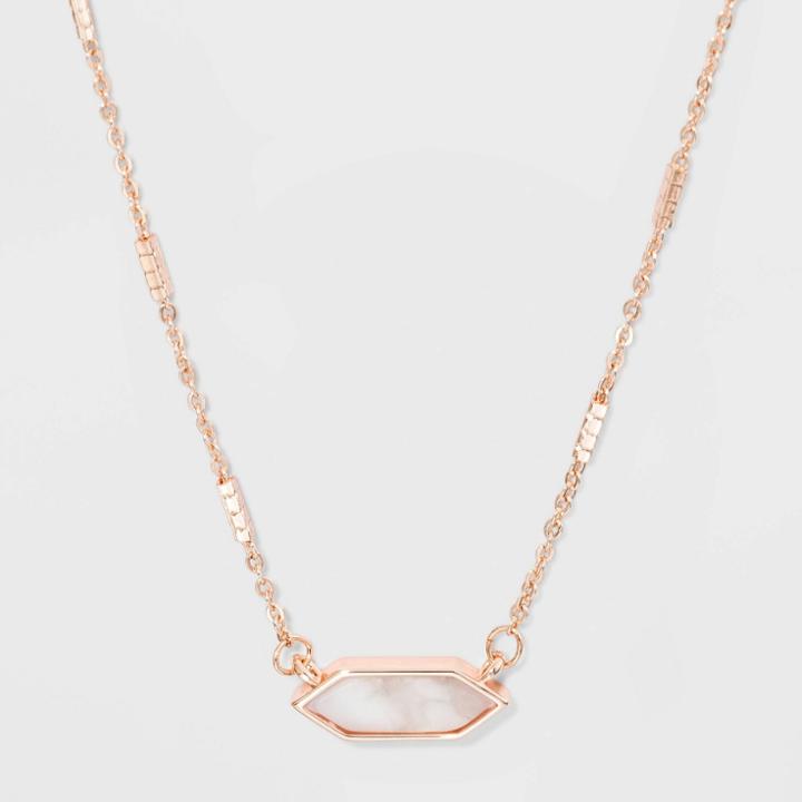 Boxed Hexagon With Howlite Semi-precious Stone Bar Necklace - A New Day White, Women's