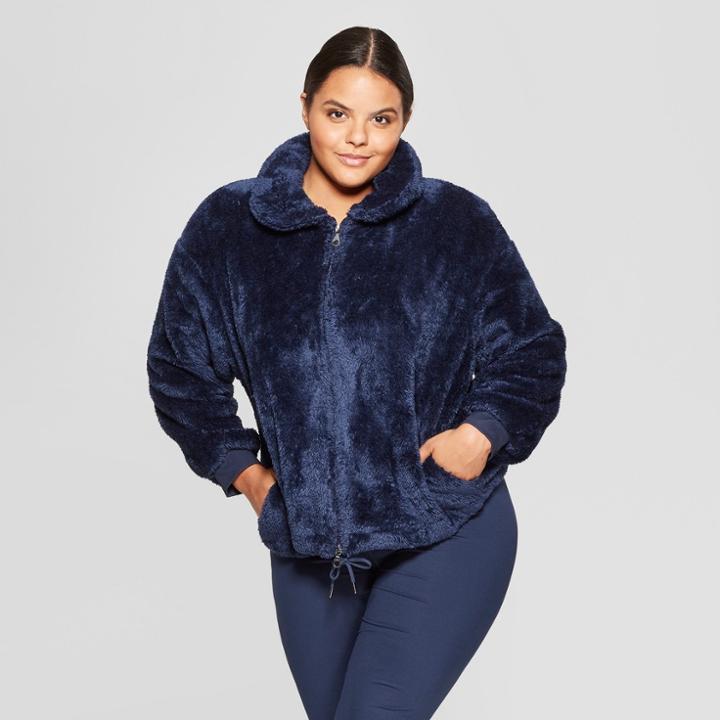 Women's Plus Size Sherpa Full Zip Jacket - Joylab Navy (blue)