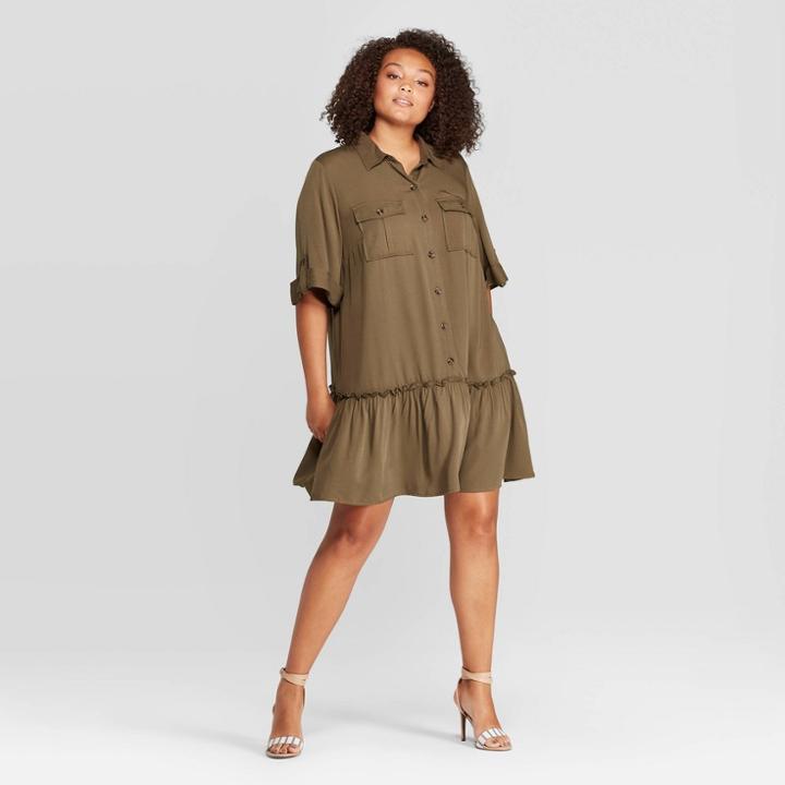 Women's Plus Size Short Sleeve Collared Mini A Line Dress - Who What Wear Green