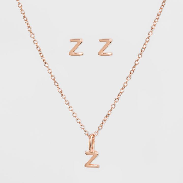 Sterling Silver Initial Z Earrings And Necklace Set - A New Day Rose Gold, Girl's, Rose Gold - Z