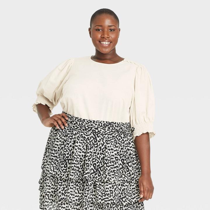 Women's Plus Size Puff Elbow Sleeve Blouse - Who What Wear Cream
