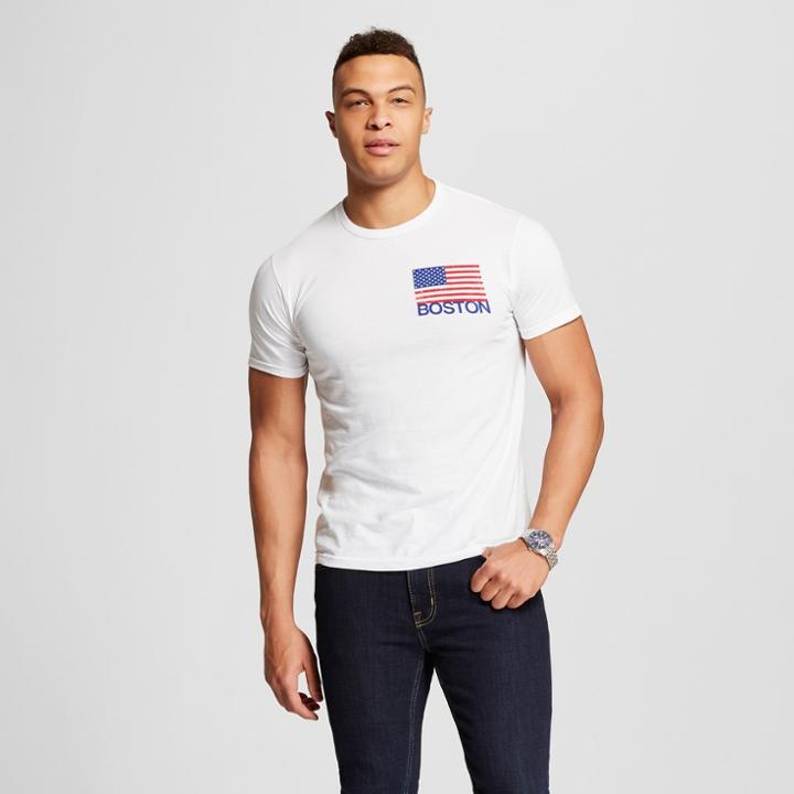 Men's Boston American Flag Short Sleeve Crew Neck T-shirt - Awake - White