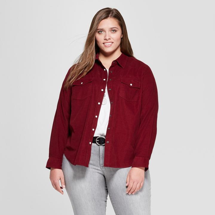 Women's Plus Size Long Sleeve Corduroy Western Shirt - Universal Thread Burgundy (red)