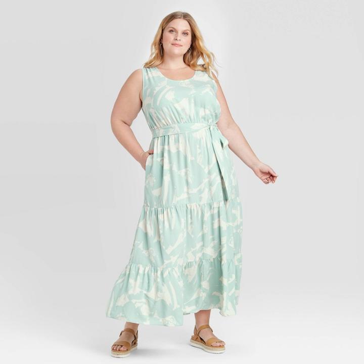 Women's Plus Size Printed Sleeveless Tiered Maxi Dress - Ava & Viv Blue X, Women's, Blue Beige