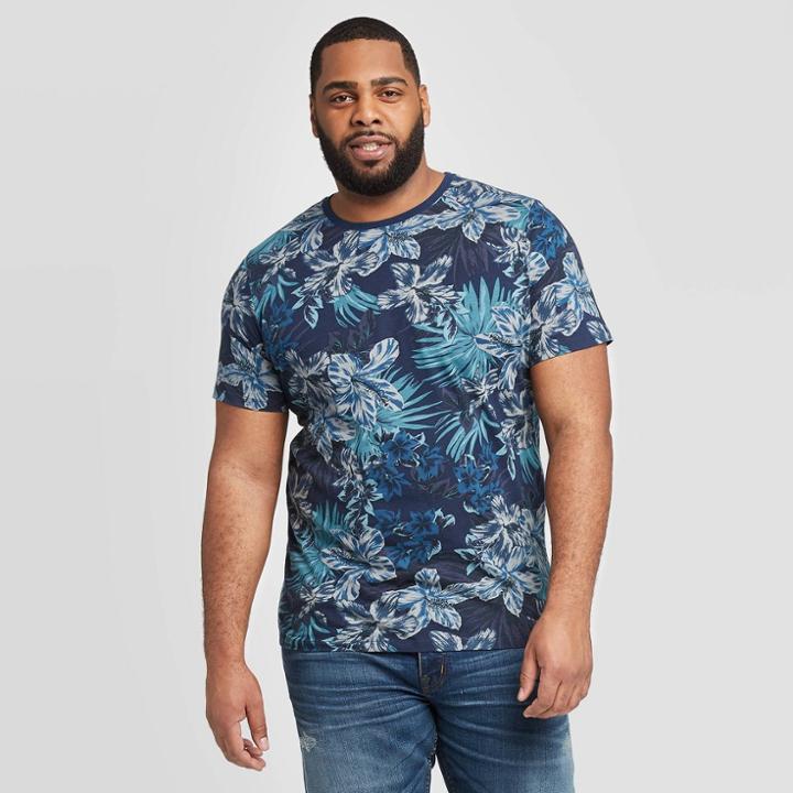 Men's Tall Standard Fit Floral Print Short Sleeve Novelty Crew Neck T-shirt - Goodfellow & Co Blue