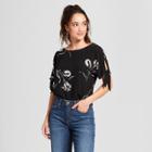 Women's Floral Print Short Tie Sleeve Blouse - Lux Ii Black/white
