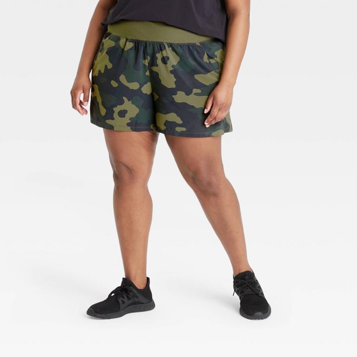 Women's Plus Size Camo Print Knit Waist Stretch Woven Shorts - All In Motion Green Olive