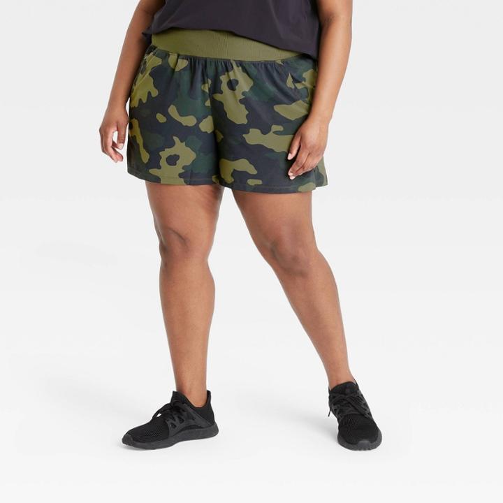 Women's Plus Size Camo Print Knit Waist Stretch Woven Shorts - All In Motion Green Olive