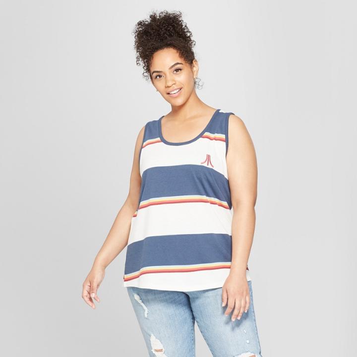 Junk Food Women's Plus Size Striped Atari Ringer Graphic Tank Top - Blue
