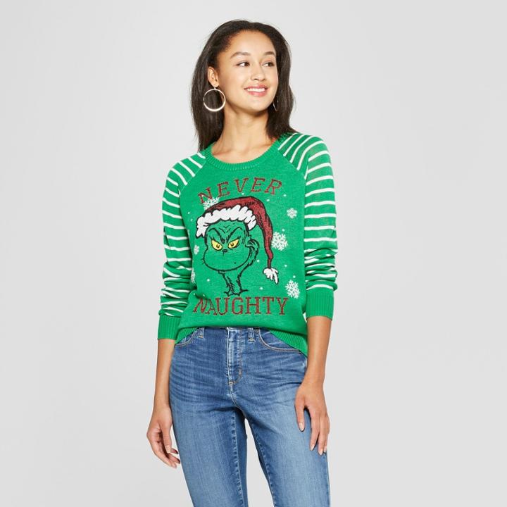 Dr. Seuss Women's The Grinch Never Naughty Sweater (juniors') Green