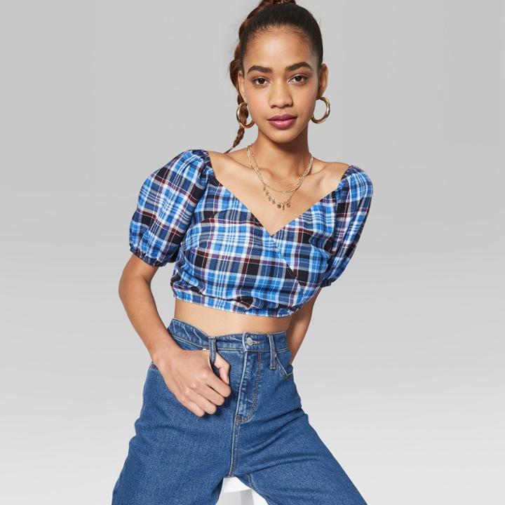 Women's Short Sleeve Puff Sleeve V-neck Cropped Plaid Woven Top - Wild Fable Blue