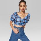 Women's Short Sleeve Puff Sleeve V-neck Cropped Plaid Woven Top - Wild Fable Blue
