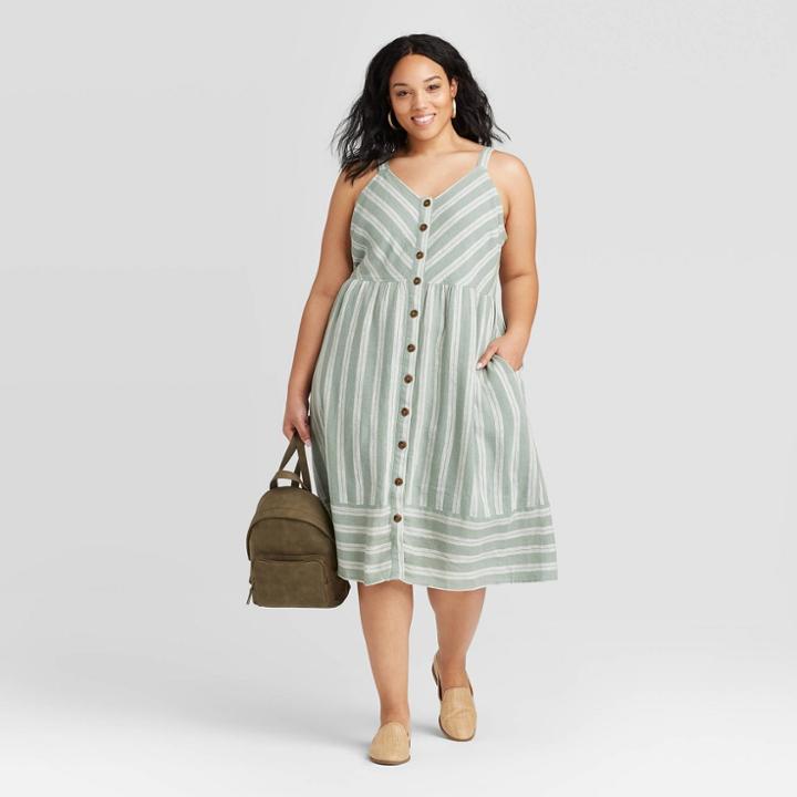 Women's Plus Size Striped Sleeveless Button-front Sun Dress - Universal Thread Green