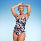 Women's Upf 50 Seamed Front Shirred One Piece Swimsuit - Aqua Green