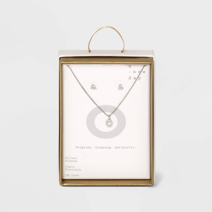 Silver Plated Cubic Zirconia Pave Initial Pendant Necklace And Earring Set - A New Day Initial O