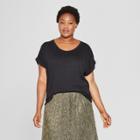 Women's Plus Size Textured Cuff Short Sleeve T-shirt - Ava & Viv Black