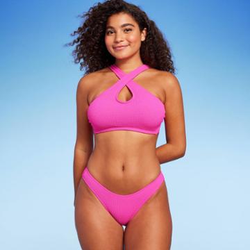 Women's Cross Front Pucker Textured Halter Bikini Top - Wild Fable Hot Pink D/dd Cup