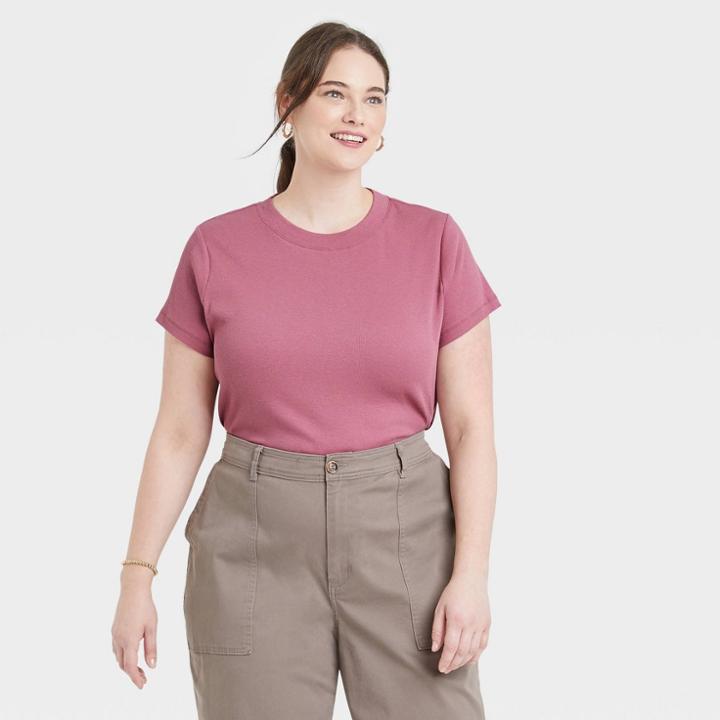 Women's Plus Size Short Sleeve Ribbed T-shirt - A New Day Rose Pink