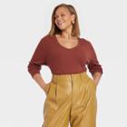 Women's Plus Size Long Sleeve Ribbed Scoop Neck T-shirt - A New Day Brown