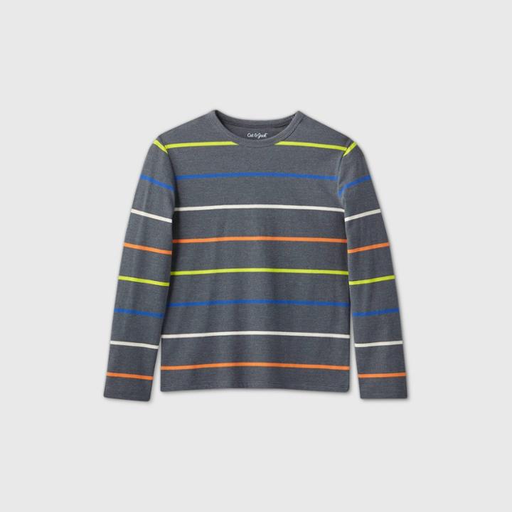 Boys' Striped Long Sleeve T-shirt - Cat & Jack Gray/blue/green Xs, Blue/gray/green