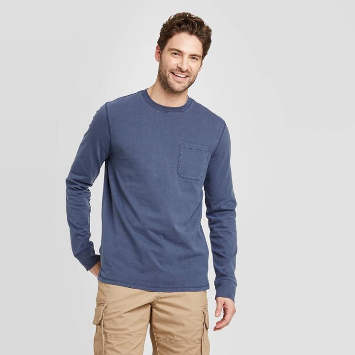 Men's Standard Fit Long Sleeve Crew Neck T-shirt - Goodfellow & Co Blue S, Men's,