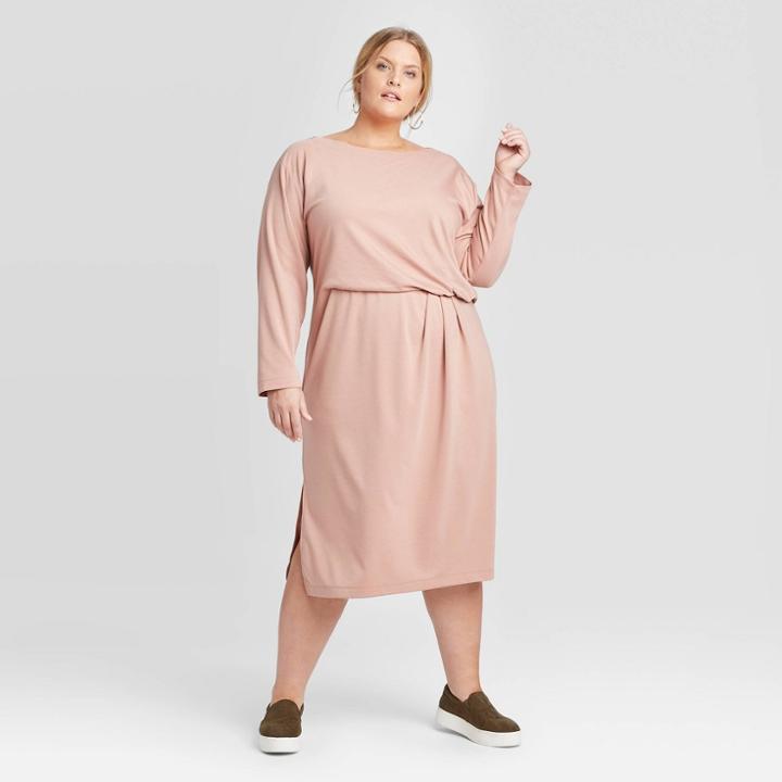 Women's Plus Size Long Sleeve Crewneck Tucked Jersey Dress - Prologue Blush 2x, Women's, Size: