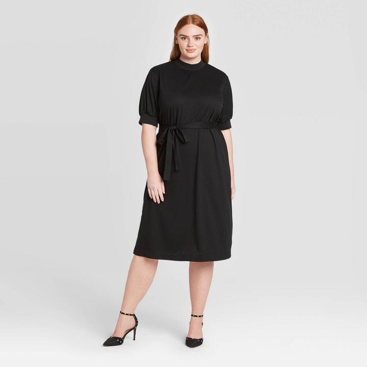 Women's Plus Size Short Sleeve High Neck Rib Trim A-line Midi Dress - Who What Wear Black 1x, Women's,