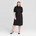 Women's Plus Size Short Sleeve High Neck Rib Trim A-line Midi Dress - Who What Wear Black 1x, Women's,
