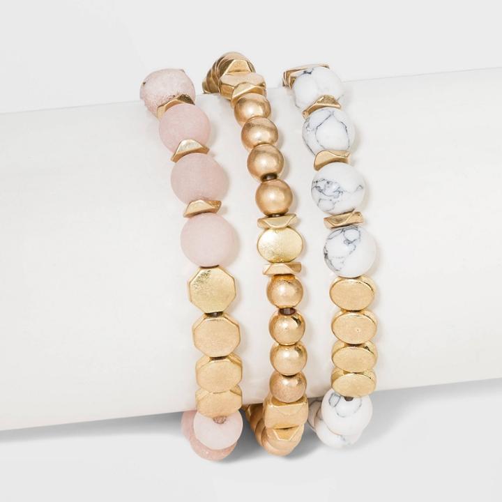 Semi-precious White Howlite & Sunstone Stretch Bracelet Set - Universal Thread Worn Gold, Women's