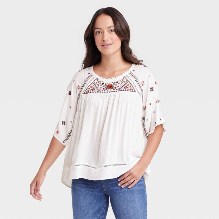 Women's Flutter Short Sleeve Embroidered Top - Knox Rose Ivory Floral