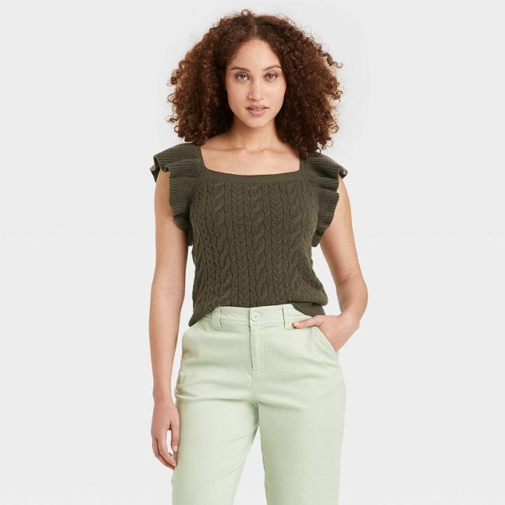 Women's Square Neck Ruffle Sweater Vest - A New Day Olive
