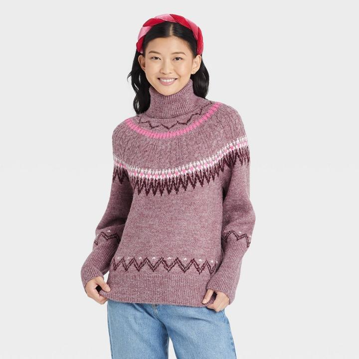 Women's Turtleneck Pullover Sweater - A New Day Mauve Fair Isle
