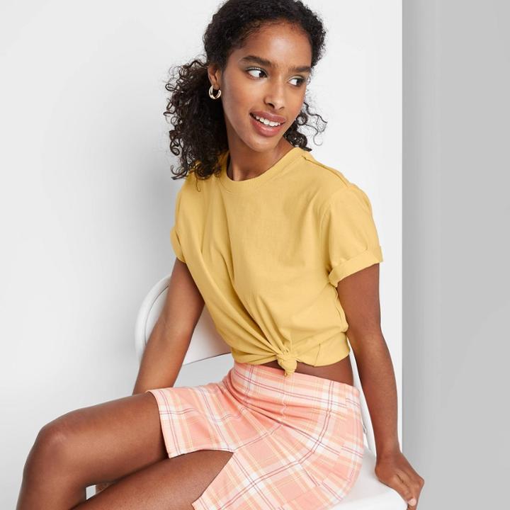 Women's Short Sleeve Roll Cuff Boxy T-shirt - Wild Fable Vintage Yellow