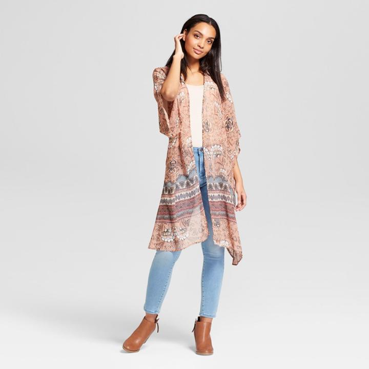 Women's Floral Print Sheer Lace-up Back Kimono Jacket - Knox Rose Peach