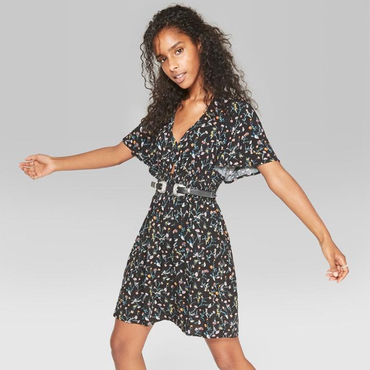 Women's Floral Print Short Sleeve Smocked Waist Dress - Wild Fable Black