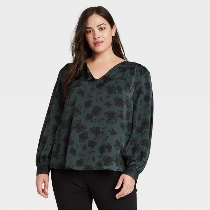 Women's Plus Size Floral Print Long Sleeve V-neck Blouse - Ava & Viv Green X