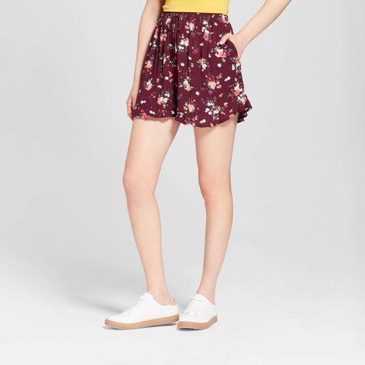 Women's Tie Front Floral Ruffle Shorts - Xhilaration Burgandy/pink Floral