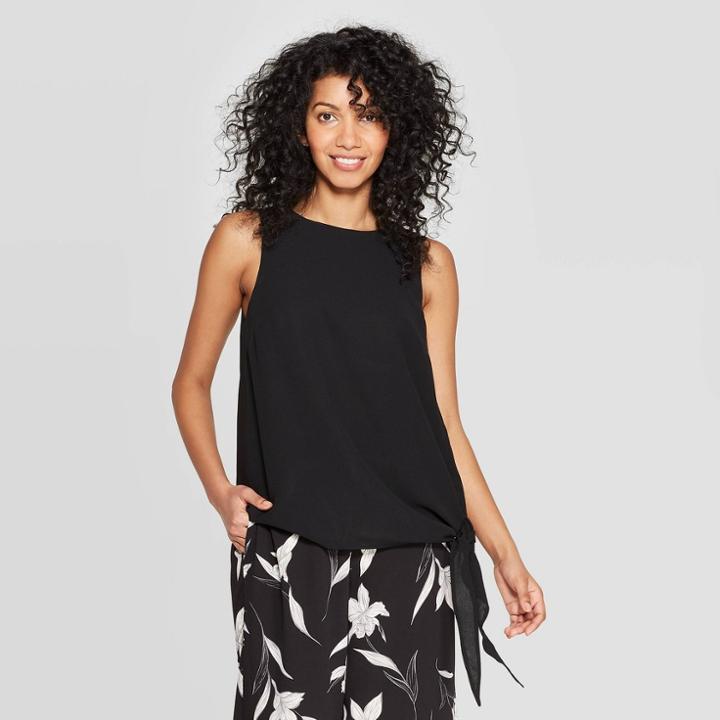 Women's Regular Fit Sleeveless Crewneck Side Tie Tank Top - A New Day Black