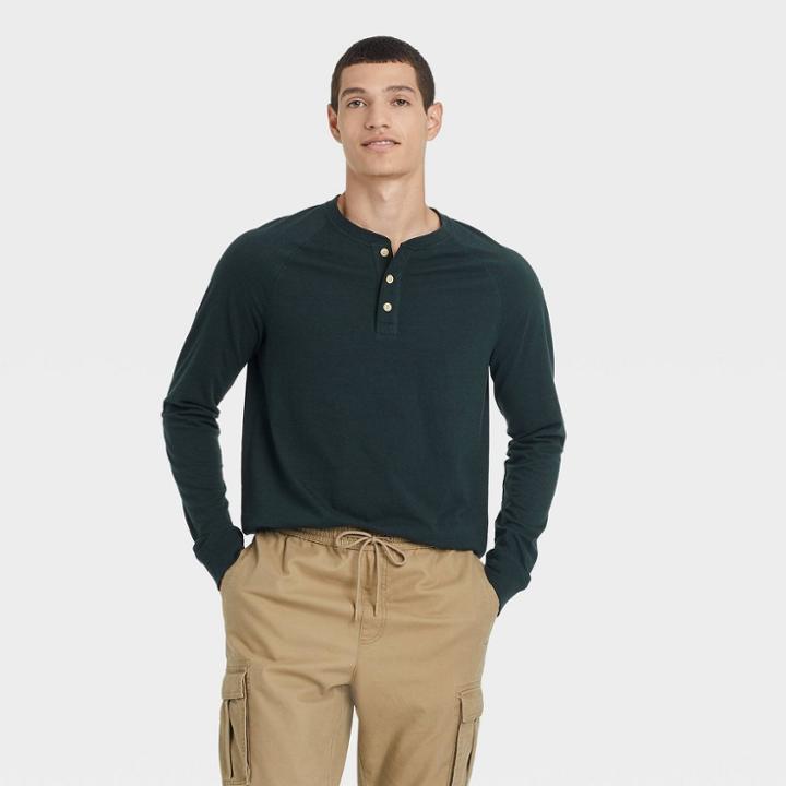 Men's Regular Fit Long Sleeve Henley T-shirt - Goodfellow & Co Green
