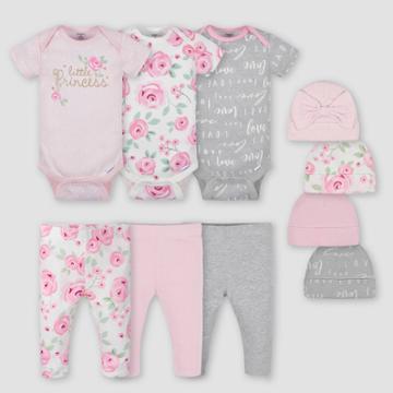 Gerber Baby Girls' 10pk Floral Top And Bottom Set With Cap - Pink
