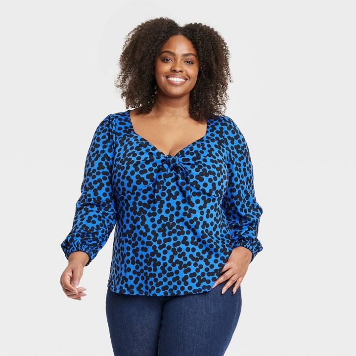Women's Long Sleeve Sweetheart Neck Tie-front Jersey T-shirt - Ava & Viv Blue Polka Dots
