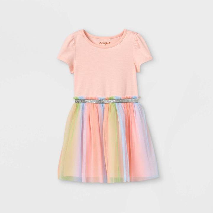 Toddler Girls' Rainbow Tulle Short Sleeve Dress - Cat & Jack Powder Pink