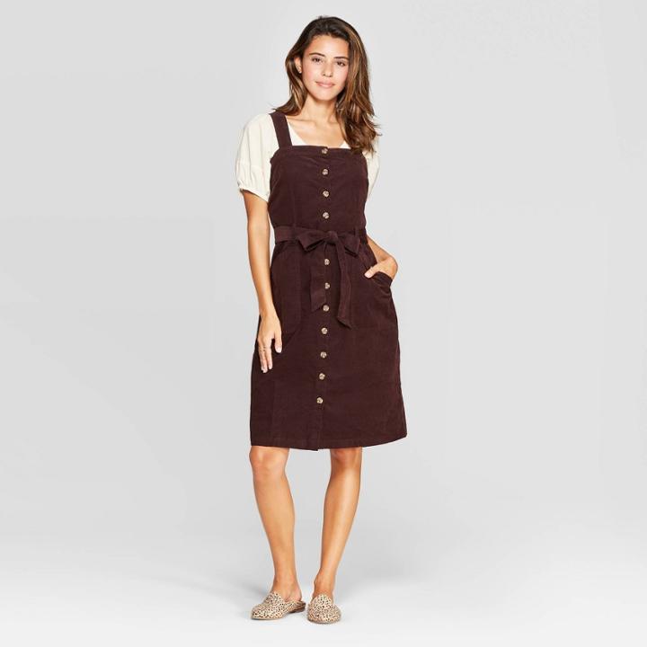 Women's Corduroy Sleeveless Square Neck Button Front Dress - Universal Thread Brown