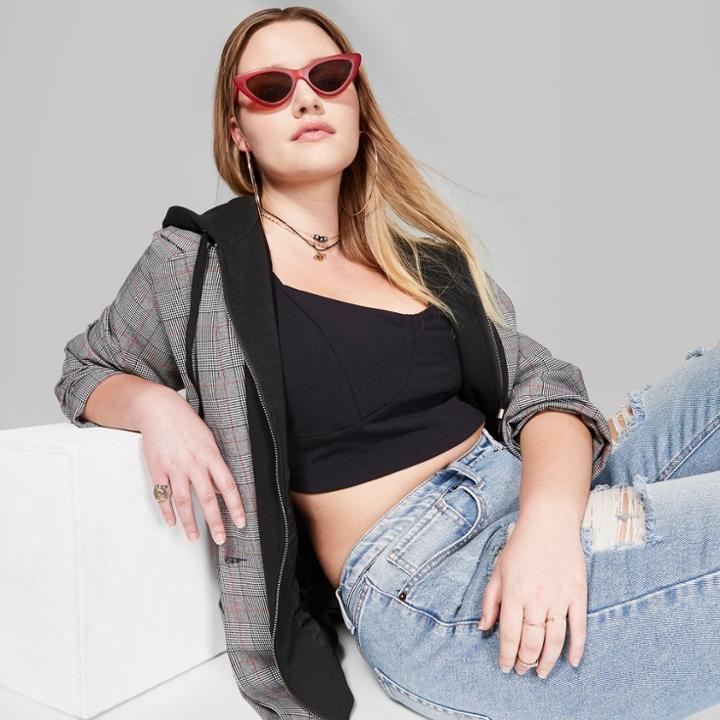 Women's Plus Size Plaid Hooded Layered Blazer Jacket - Wild Fable Charcoal