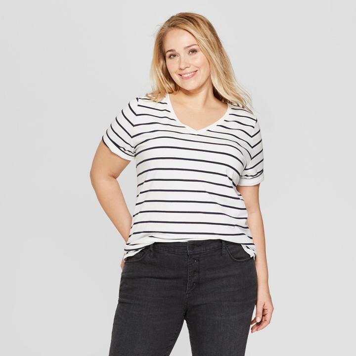 Plus Size Women's Plus Striped Size Short Sleeve V-neck Essential T-shirt - Ava & Viv White/navy (blue)