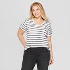 Plus Size Women's Plus Striped Size Short Sleeve V-neck Essential T-shirt - Ava & Viv White/navy (blue)