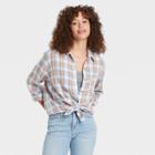 Women's Long Sleeve Gauze Button-down Shirt - Universal Thread Blue Plaid