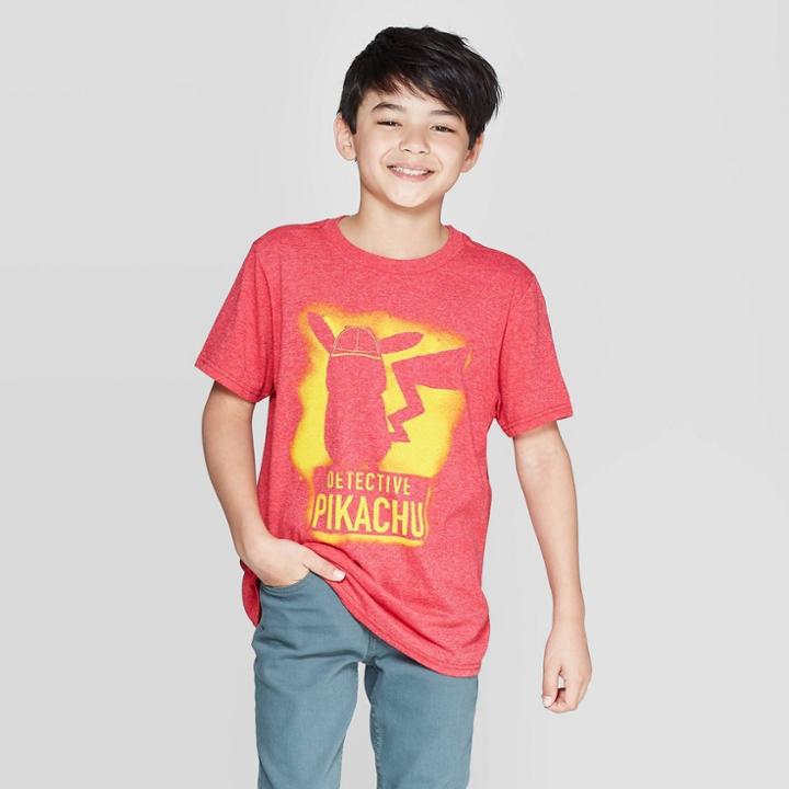 Boys' Pokemon Detective Pikachu Stencil Short Sleeve T-shirt - Red