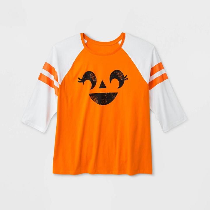Shinsung Tongsang Women's Plus Size Pumpkin Raglan Sleeve Graphic T-shirt - Orange